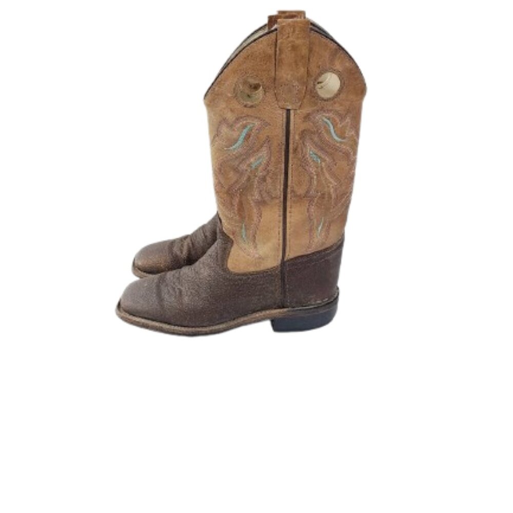 Old West Kid's Brown Foot Tan Fry Top Square Toe Cowboy Western Boots Size 3.5